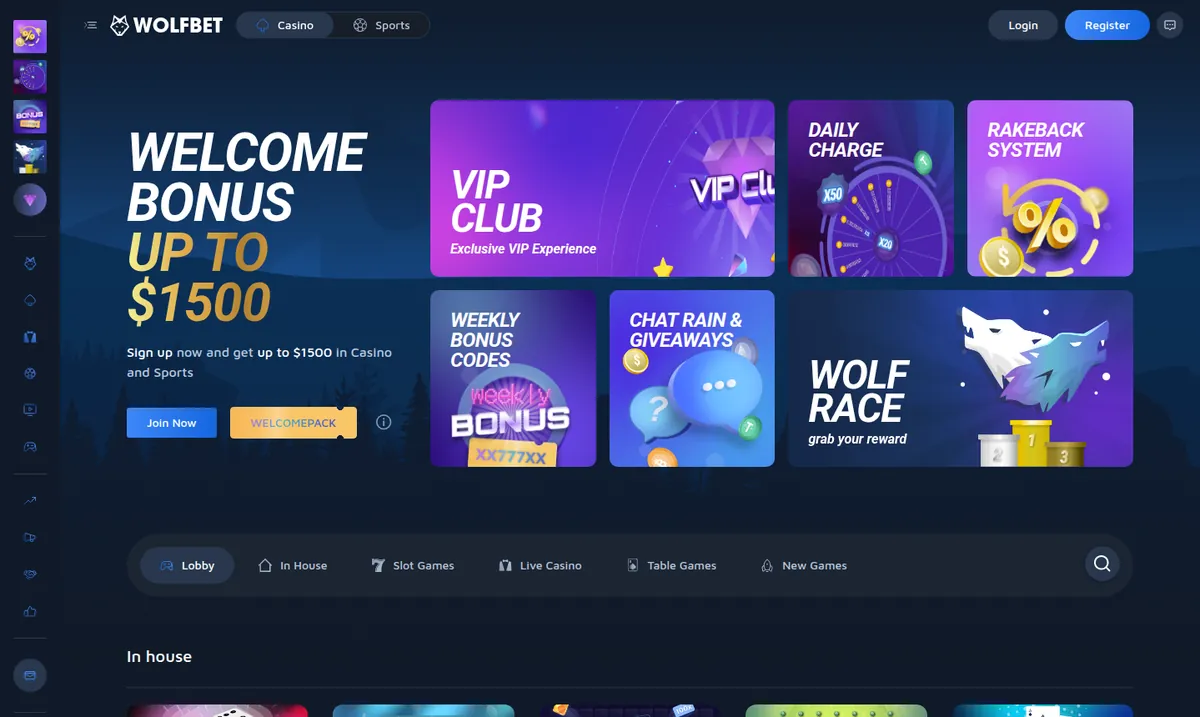 The Wolf.bet lobby showing a $1,500 welcome bonus and tiles for the VIP club, rakeback and weekly bonus codes